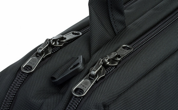 A close shot of the locking zippers on both of the main compartments.